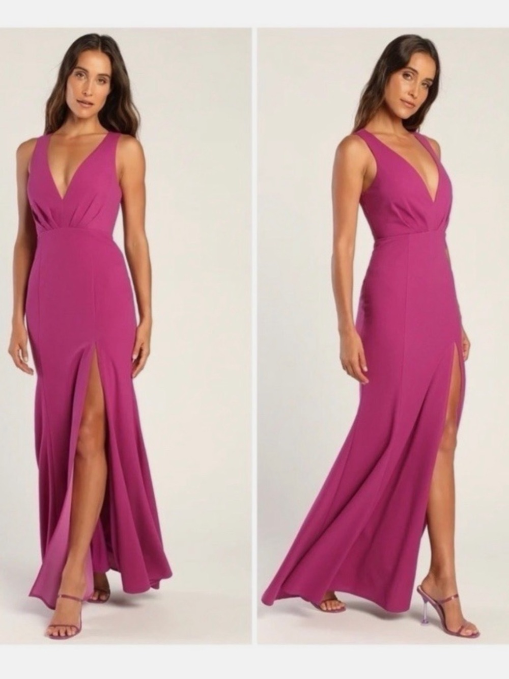 Lulu's Fuchsia V-Neck Maxi Gown with Thigh Slit